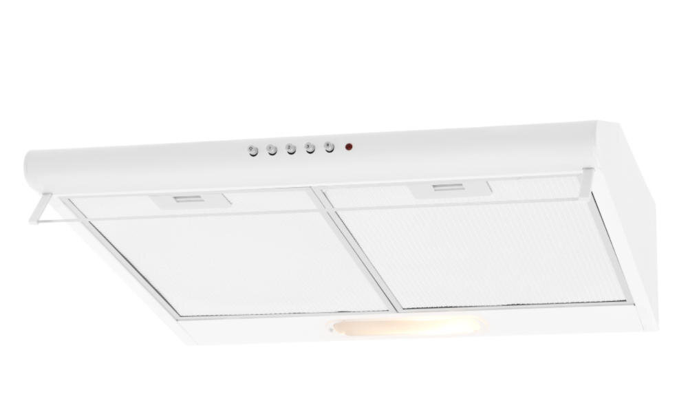 Biały okap kuchenny z dwoma metalowymi filtrami i rzędem przycisków na górnej krawędzi. Widoczna jest również wbudowana lampka oświetleniowa.
