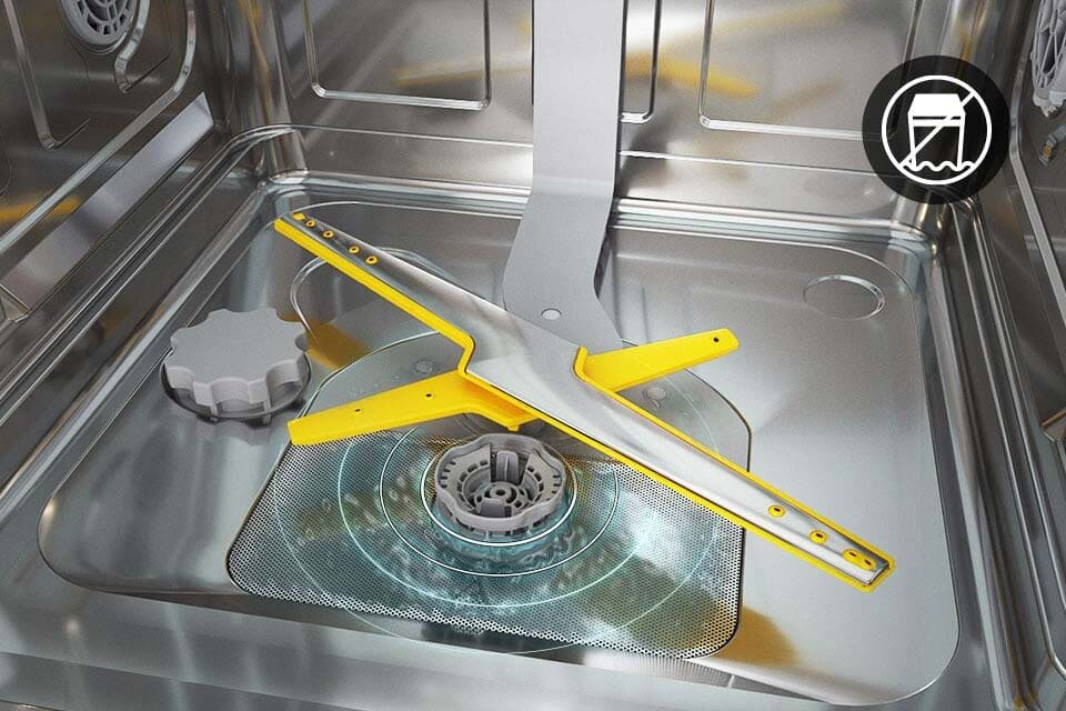 Żółte zabezpieczenie Aqua Stop w środku zmywarki Samsung 