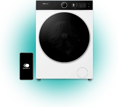 Pralka o nowoczesnym designie z dużym, czarnym bębnem i panelem sterowania z wyświetlaczem. Obok pralki znajduje się smartfon z logo ConnectLife na ekranie.