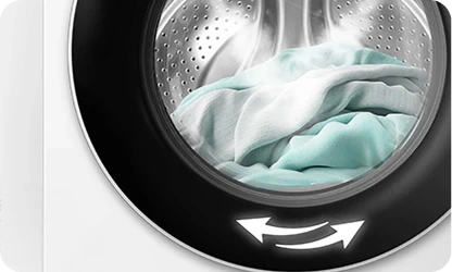 Widoczny jest bęben pralki z ubraniami w środku, otoczony czarną ramką. Na ramce znajduje się symbol dwóch strzałek skierowanych w przeciwnych kierunkach.