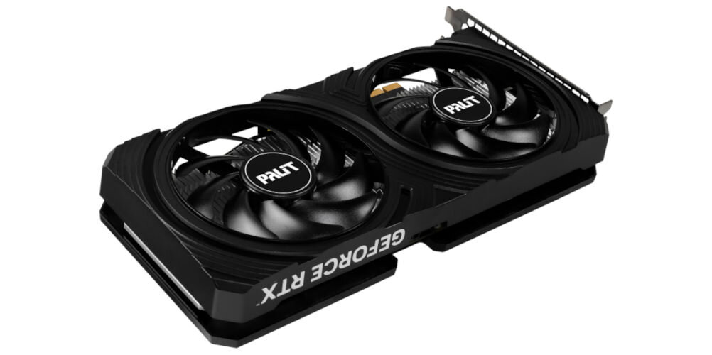 Karta graficzna z dwoma dużymi wentylatorami, na których widnieje logo \'PALIT\'. Na boku karty znajduje się napis \'GEFORCE RTX\'.
