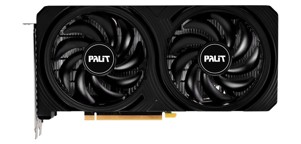 Na obrazie widoczna jest karta graficzna z dwoma dużymi wentylatorami, na których znajduje się logo \'PALIT\'. Obudowa karty jest w kolorze czarnym z delikatnym wzorem.
