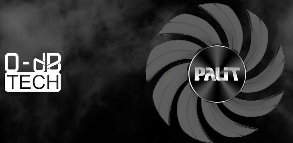 Obraz przedstawia logo \'PALIT\' na tle wentylatora z ciemnymi łopatkami. Po lewej stronie widoczny jest napis \'0-dB TECH\'.