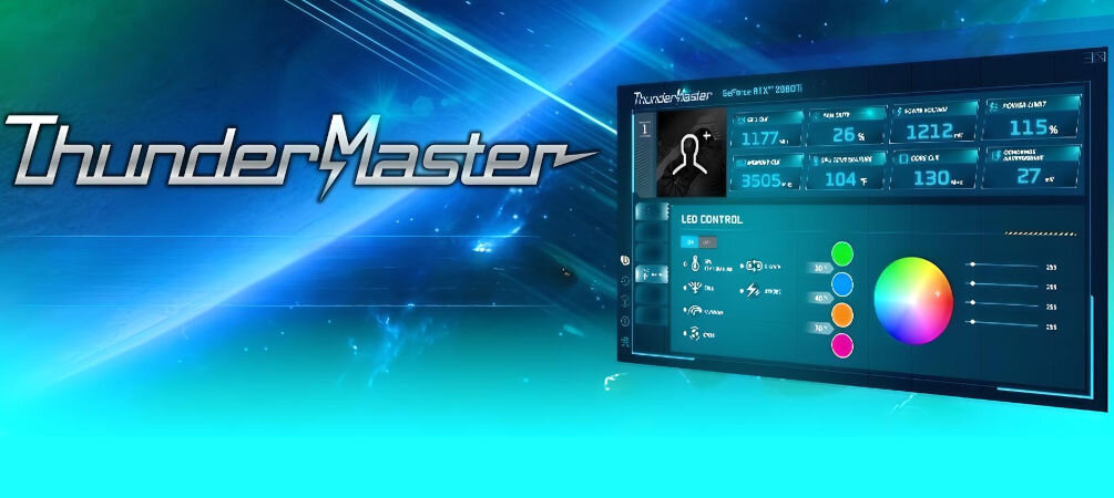 Obraz przedstawia interfejs oprogramowania ThunderMaster z wykresami i kontrolkami LED. W tle widoczny jest niebiesko-zielony gradient z efektem świetlnym.