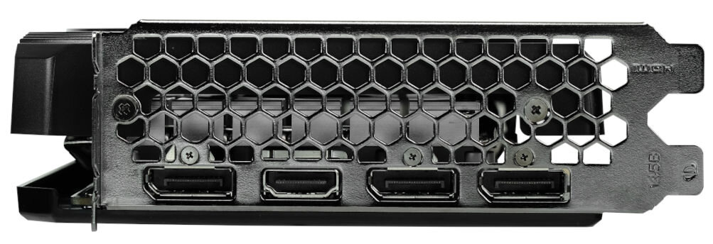 Obraz przedstawia tylną część karty graficznej z metalową kratką w kształcie plastra miodu. Widoczne są cztery porty wyjściowe oraz oznaczenia \'HDMI\' i \'DP\'.
