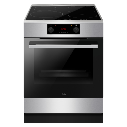 Nowoczesna kuchnia wolnostojąca z płytą indukcyjną i piekarnikiem, wykończona w kolorze srebrnym i czarnym. Na panelu sterowania widoczny jest wyświetlacz z godziną 10:30 oraz dwa pokrętła.