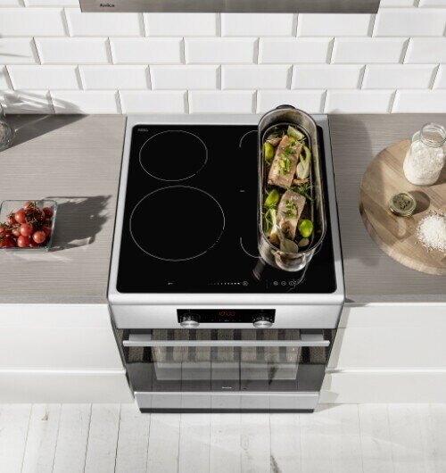 Na zdjęciu widoczna jest płyta indukcyjna z trzema okrągłymi polami grzewczymi, na której stoi naczynie z jedzeniem. Obok znajdują się pomidory w misce oraz deska z mąką i przyprawami.