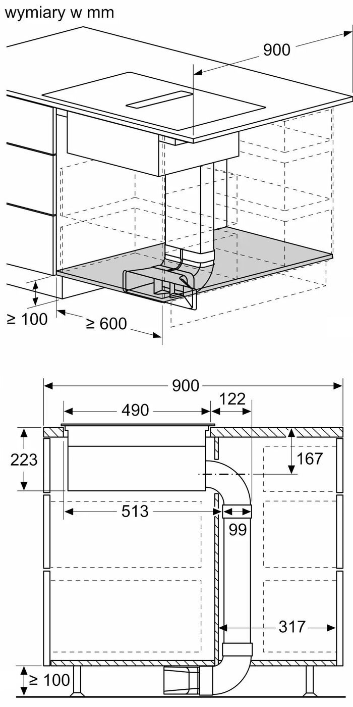 Schemat instalacji płyty indukcyjnej z okapem, z wymiarami w milimetrach: szerokość 900 mm, głębokość 490 mm, wysokość 223 mm. Widoczne są szczegóły montażu i minimalne wymagane przestrzenie.