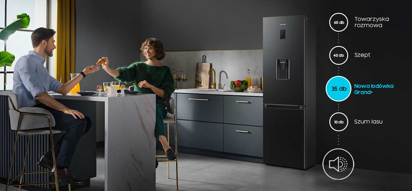 Niski poziom hałasu - lodówka RB34C652EBN Niski poziom hałasu w porównaniu do innych źródeł - lodówka RB34C652EBN