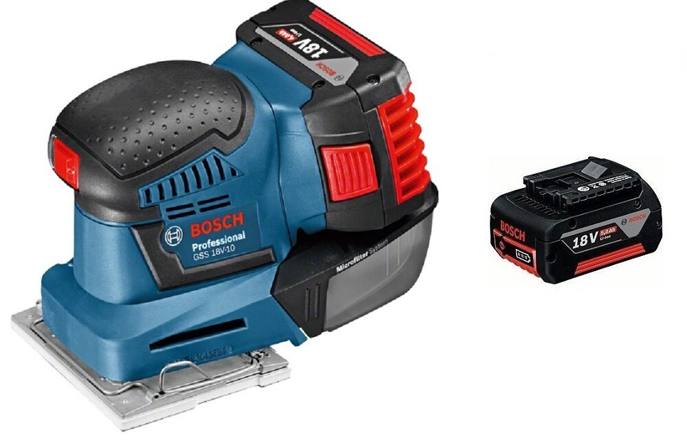 Szlifierka oscylacyjna BOSCH GSS 18 V-10 Professional zasilana przez akumulator litowo-jonowy o napięciu 18 V maksymalna prędkość obrotowa do 22000 obr/min