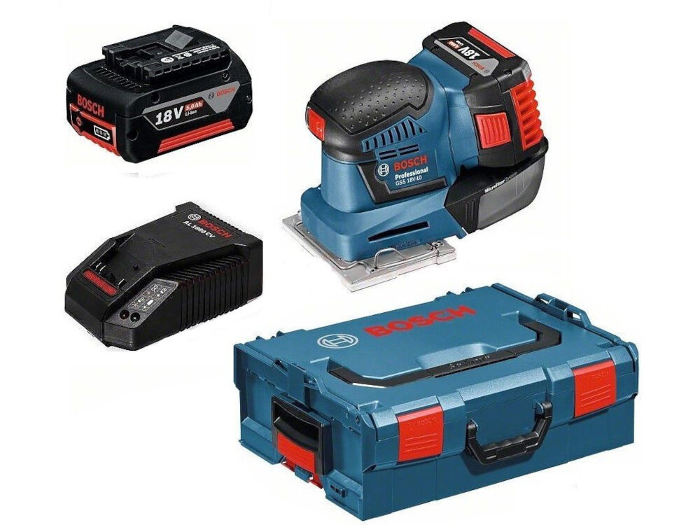 Szlifierka oscylacyjna BOSCH GSS 18 V-10 Professional walizka transportowa 2 akumulatory szybka ładowarka AL1860 podstawa delta podstawa prostokątna 3 papiery ścierne