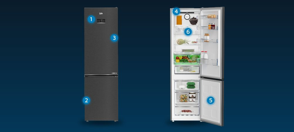 Obraz przedstawia dwie lodówki w ciemnym kolorze inox. Jedna z nich jest zamknięta, a druga otwarta, ukazując wnętrze z półkami i różnymi produktami spożywczymi.