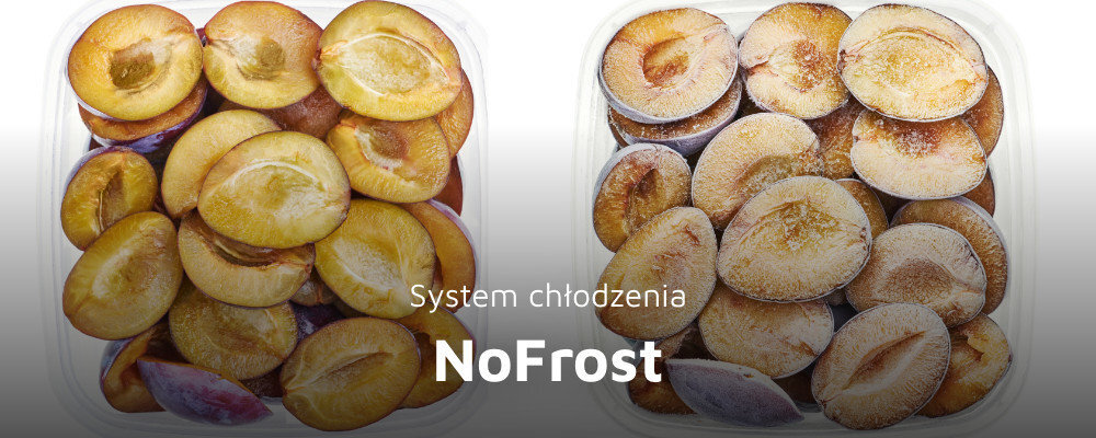 Dwa pojemniki z połówkami śliwek, z lewej strony świeże, z prawej strony pokryte szronem. Na dole widoczny jest tekst: \'System chłodzenia NoFrost\'.