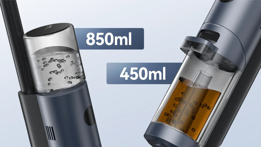 Obraz przedstawia dwa pojemniki odkurzacza z oznaczeniami pojemności: 850ml i 450ml. Wewnątrz pojemników znajdują się drobne elementy przypominające kulki.