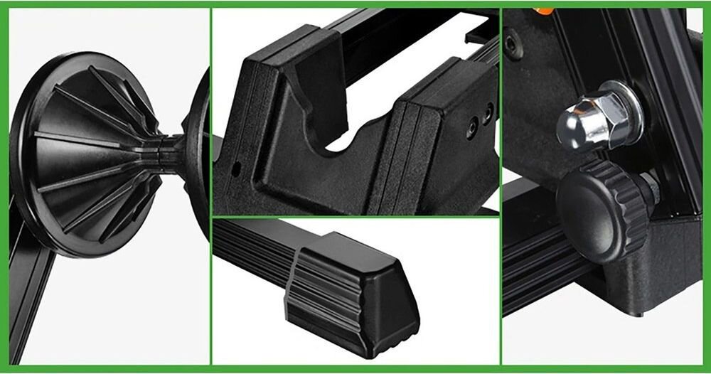 Stojak rowerowy ROCKBROS T30-BK, składany, ergonomia, miejsce, transport, Kolaż przedstawiający różne elementy stojaka.
