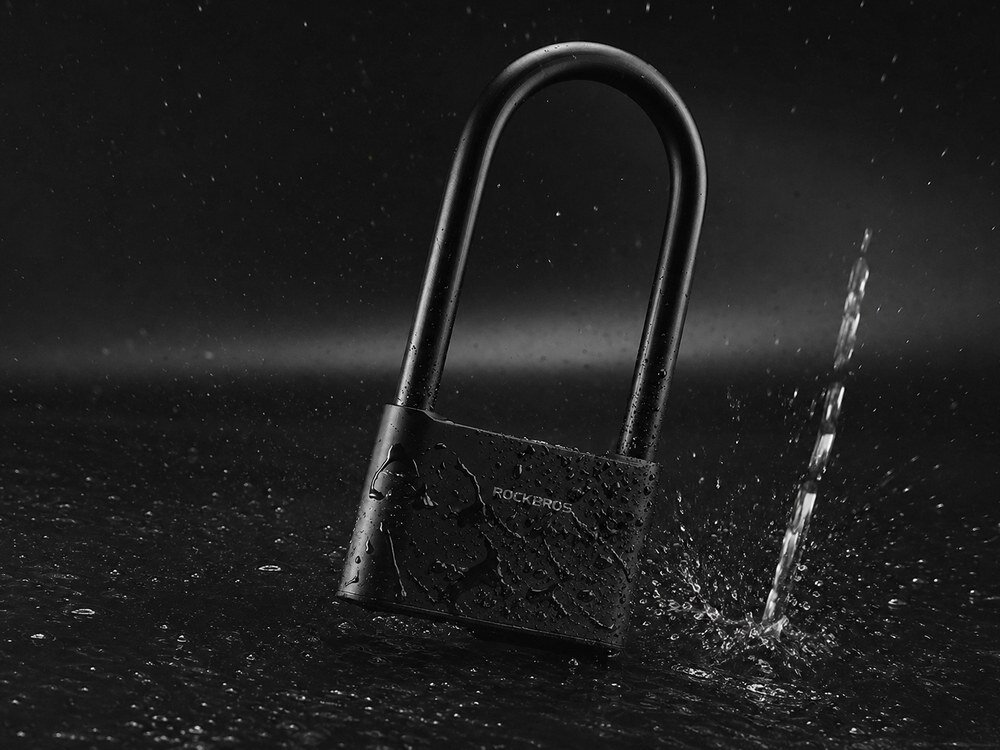 Zapięcie rowerowe ROCKBROS 32210818001 U-lock Czarny, odblokowanie, biometria, bluetooth, klucz, Wodoodporne zapięcie U-lock spryskane wodą.