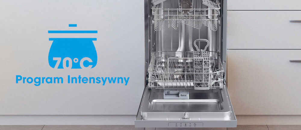 Otwarta zmywarka z widocznym wnętrzem i koszami na naczynia. Obok znajduje się niebieska grafika z napisem \'70°C Program Intensywny\'.
