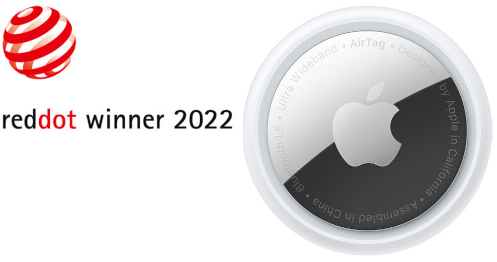 Obraz przedstawia okrągły lokalizator z logo jabłka na środku. Obok znajduje się tekst: \'reddot winner 2022\'.