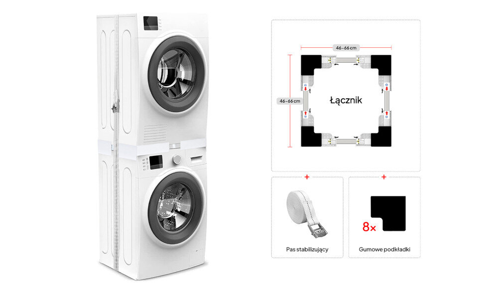 Po lewej stronie znajduje się zestaw pralki i suszarki ustawionych pionowo, połączonych łącznikiem. Po prawej stronie widoczny jest schemat łącznika z wymiarami 46-66 cm oraz dodatkowe elementy: pas stabilizujący i osiem gumowych podkładek.