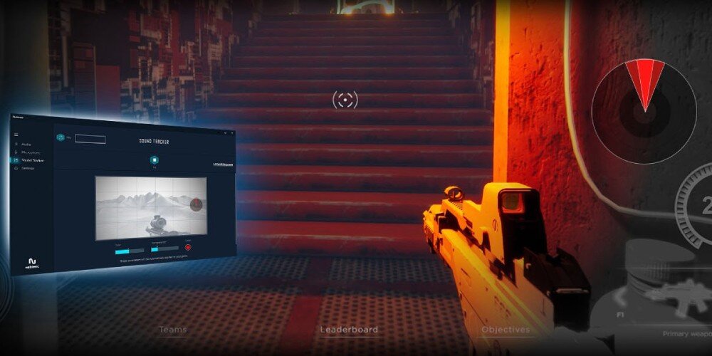 Obraz przedstawia widok z gry komputerowej z bronią skierowaną w stronę schodów. Po lewej stronie ekranu widoczny jest interfejs użytkownika z napisem \'SOUND TRACKER\'.