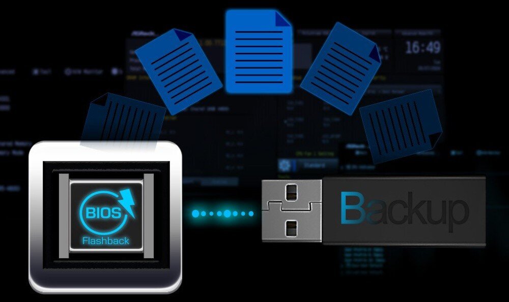 Obraz przedstawia ikonę BIOS Flashback oraz pendrive z napisem \'Backup\'. W tle widoczne są niebieskie ikony dokumentów na ciemnym tle.