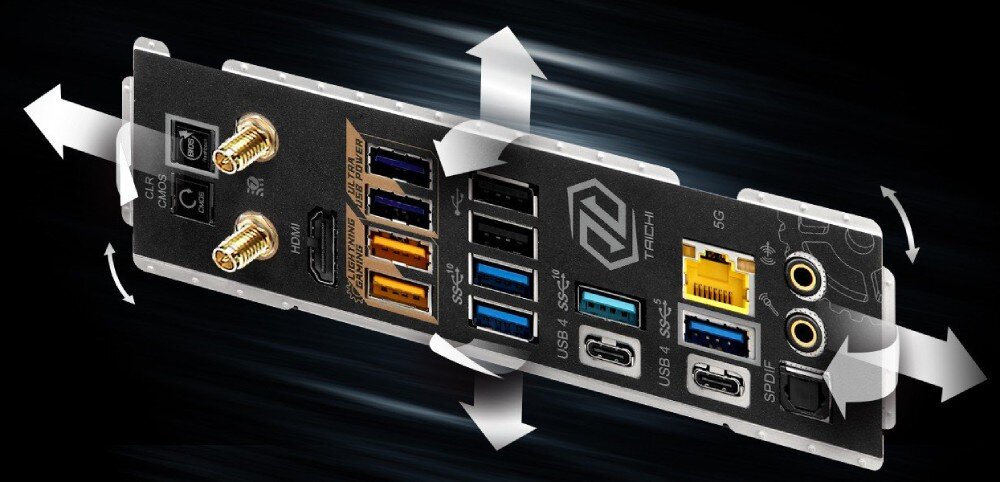 Panel tylny płyty głównej z różnorodnymi portami, w tym USB, HDMI, audio oraz złączami antenowymi. Widoczne jest logo \'Taichi\' oraz strzałki wskazujące kierunki przepływu powietrza.