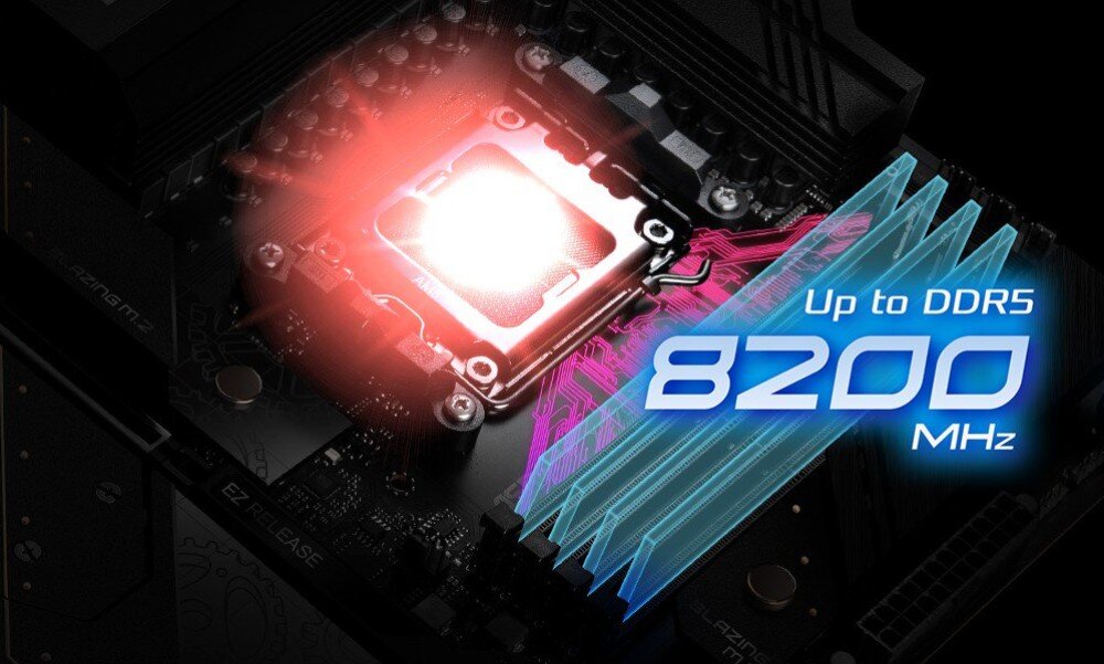 Obraz przedstawia płytę główną z podświetlonym gniazdem procesora. Widoczny jest napis \'Up to DDR5 8200 MHz\'.