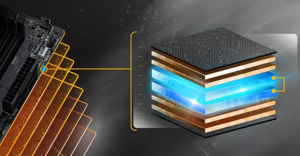 Obraz przedstawia fragment płyty głównej oraz schematyczne przedstawienie jej warstw. Widoczne są różnokolorowe warstwy z efektem świetlnym w centrum.