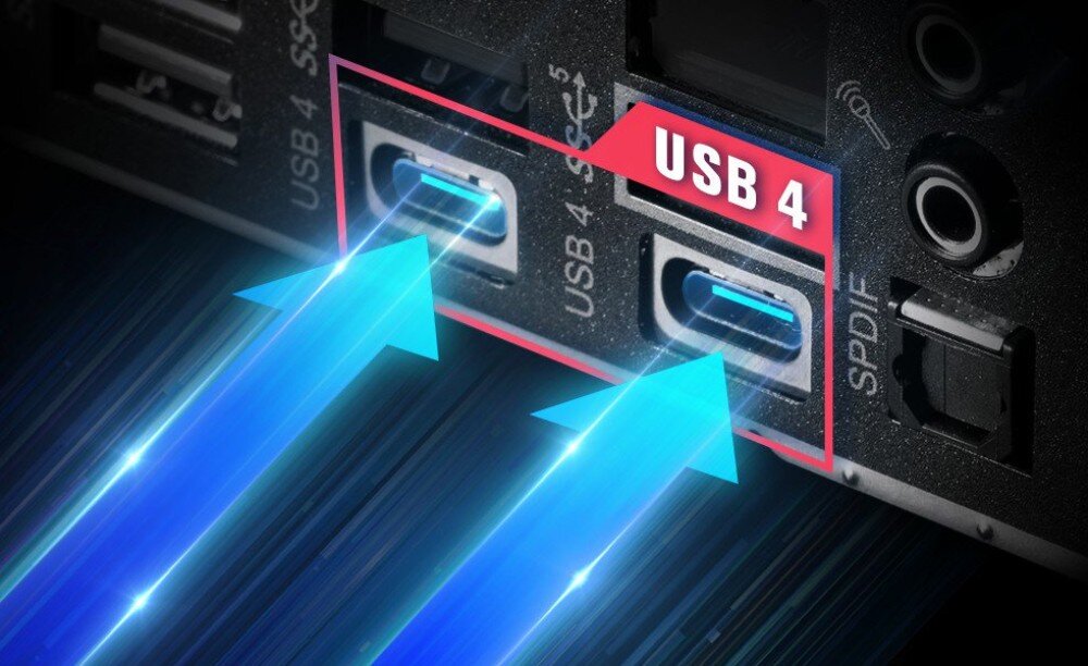 Obraz przedstawia dwa porty USB 4 na płycie głównej, z niebieskimi strzałkami wskazującymi na nie. Obok portów widoczny jest napis \'USB 4\'.