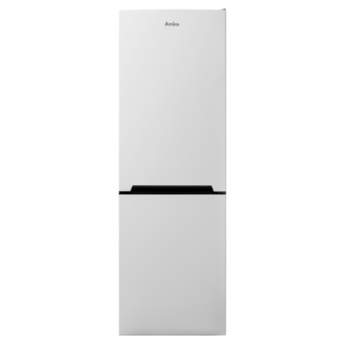 Biała lodówka z dwoma drzwiami, na górze widoczne logo \'Amica\'.