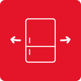 Ikona przedstawia białą lodówkę na czerwonym tle z dwoma strzałkami po bokach, wskazującymi na zewnątrz.