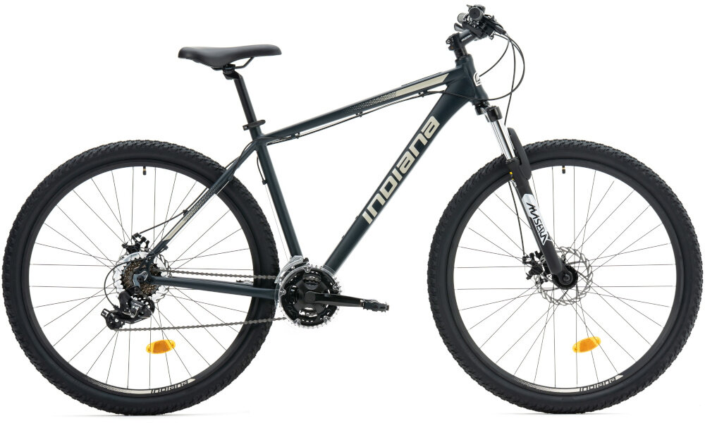 Rower górski MTB INDIANA X-Pulser 1.9 M19 29 cali męski Grafitowo-beżowy rower na białym tle widoczny z boku pasja jazda na rowerze środek transportu