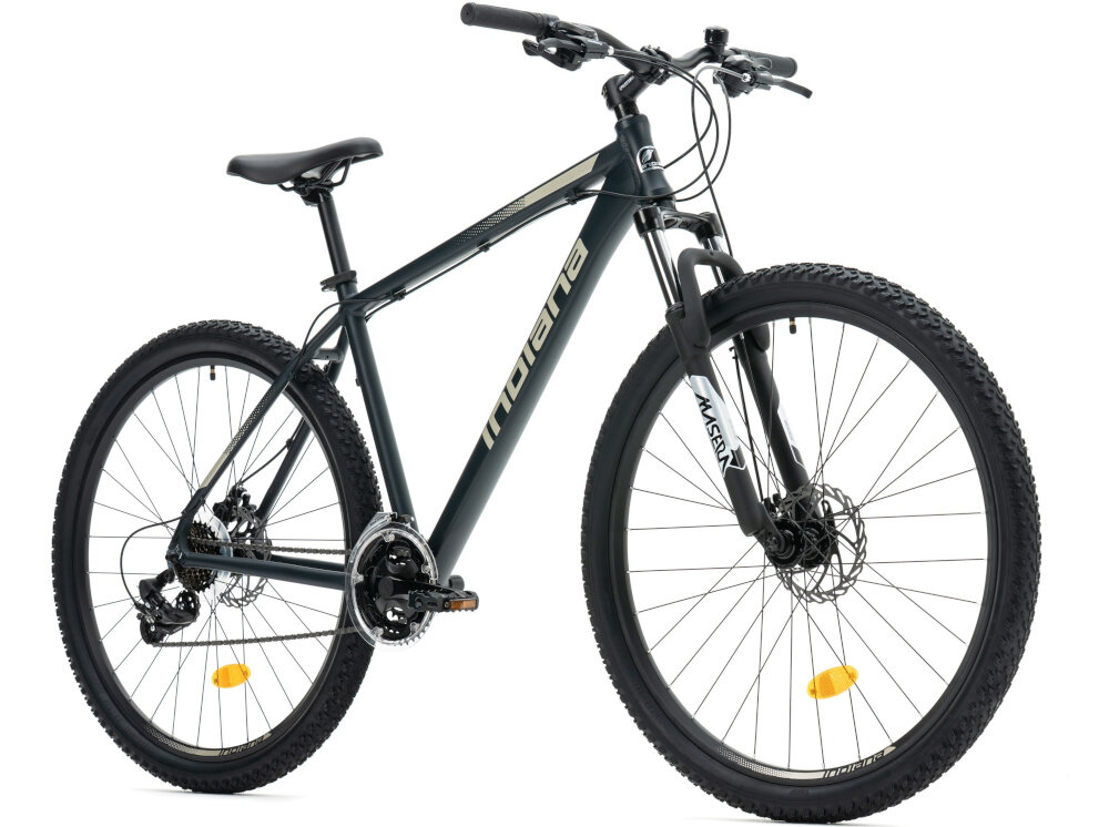 Rower górski MTB INDIANA X-Pulser 1.9 M21 29 cali męski Grafitowo-beżowy rower na białym tle widoczny od przodu pod skosem góral dla sportowców do jazdy wyczynowej uniwersalny dla amatorów zwrotny łatwo wchodzący w zakręty do jazdy w mieście na drodze utwardzonej i nieutwardzonej w lesie górski szlak błocie piachu