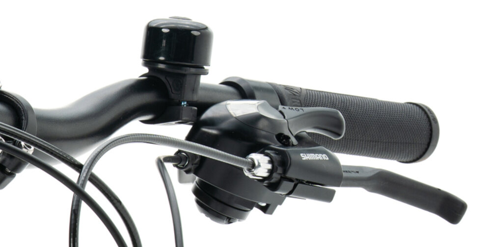 Rower górski MTB INDIANA X-Pulser 1.9 M21 29 cali męski Grafitowo-beżowy zbliżenie na jeden z uchwytów widoczny dzwonek białe tło antypoślizgowe uchwyty stabilny i pewny chwyt kierownicy ograniczają ślizganie się dłoni lepsza kontrola nad rowerem większy komfort podczas jazdy bezpieczeństwo dzwonek szybkie i skuteczne ostrzeganie innych uczestników ruchu pozwala lepiej komunikować swoją obecność