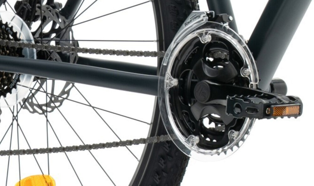 Rower górski MTB INDIANA X-Pulser 1.9 M21 29 cali męski Grafitowo-beżowy zbliżenie na korbę solidny i wszechstronny napęd korba X-LINE typu XLR8 w konfiguracji 42T/34/24x170 X-Line ED można lepiej dopasować tempo jazdy do warunków terenu oraz własnych możliwości wolnobieg SHIMANO typu MF-TZ500-7S płynna zmiana biegów większa elastyczność jazdy ułatwia pokonywanie podjazdów komfortowa kadencja