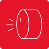 Czerwona ikona przedstawiająca biały, stylizowany pokrętło z liniami sugerującymi ruch lub dźwięk.