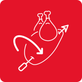 Czerwony kwadrat z białą ikoną przedstawiającą kurczaka z widocznymi strzałkami wskazującymi obrót.