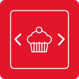 Czerwona ikona z białym symbolem babeczki pośrodku oraz strzałkami po bokach wskazującymi w lewo i w prawo.