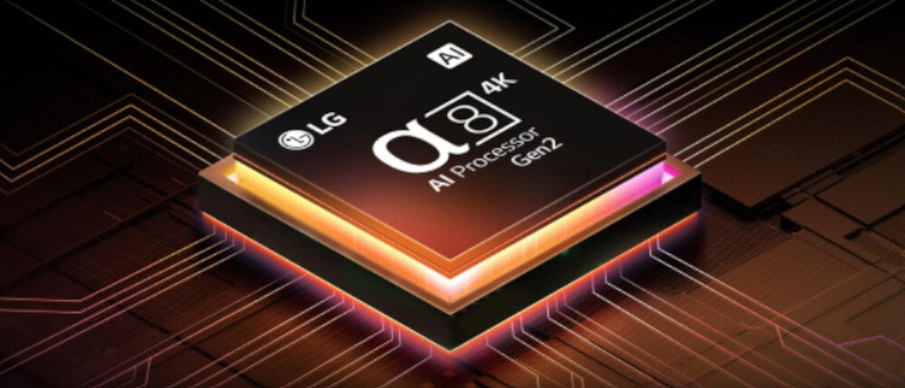 Obraz przedstawia procesor z oznaczeniami: LG, AI, α9, 4K, AI Processor Gen2. Procesor jest umieszczony na tle schematu obwodów elektronicznych.