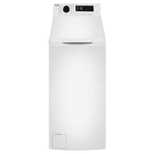Biała pralka ładowana od góry z panelem sterowania zawierającym pokrętło i wyświetlacz cyfrowy. Na panelu widoczny jest napis \'Amica\'.