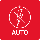Czerwony kwadratowy symbol z białą ikoną błyskawicy przekreśloną linią i napisem \'AUTO\'.