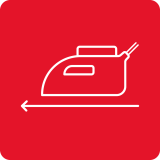 Czerwona ikona przedstawiająca biały symbol żelazka z linią wskazującą kierunek w lewo.