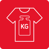 Czerwona ikona przedstawiająca kontur koszulki z symbolem wagi i napisem \'KG\' w środku.