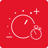 Czerwona ikona z białym symbolem zegara i stopera oraz kilkoma kropkami i znakiem plus.