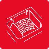 Ikona przedstawia schematyczny rysunek bębna pralki z otwartymi drzwiczkami, na czerwonym tle.