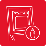 Czerwony kwadrat z białym konturem pralki i ikoną butelki detergentu w okręgu.