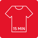 Czerwona ikona z białym konturem koszulki i napisem \'15 MIN\'.