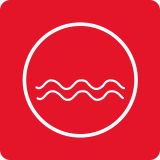 Czerwony kwadrat z białym okręgiem w środku, wewnątrz którego znajdują się trzy faliste linie.