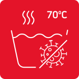 Czerwona ikona przedstawiająca symbol prania z parą i temperaturą 70°C oraz przekreślonym wirusem.
