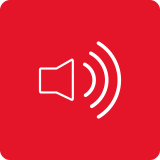 Czerwona ikona z białym symbolem głośnika i falami dźwiękowymi.
